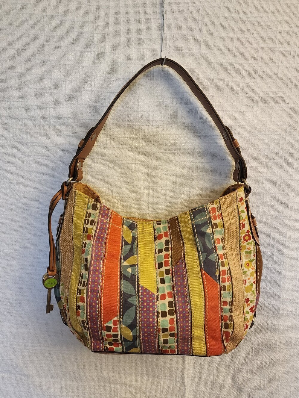 Fossil Patchwork Shoulder Bag Canvas/ Leather  Abbot Boho Bright Hippie A434